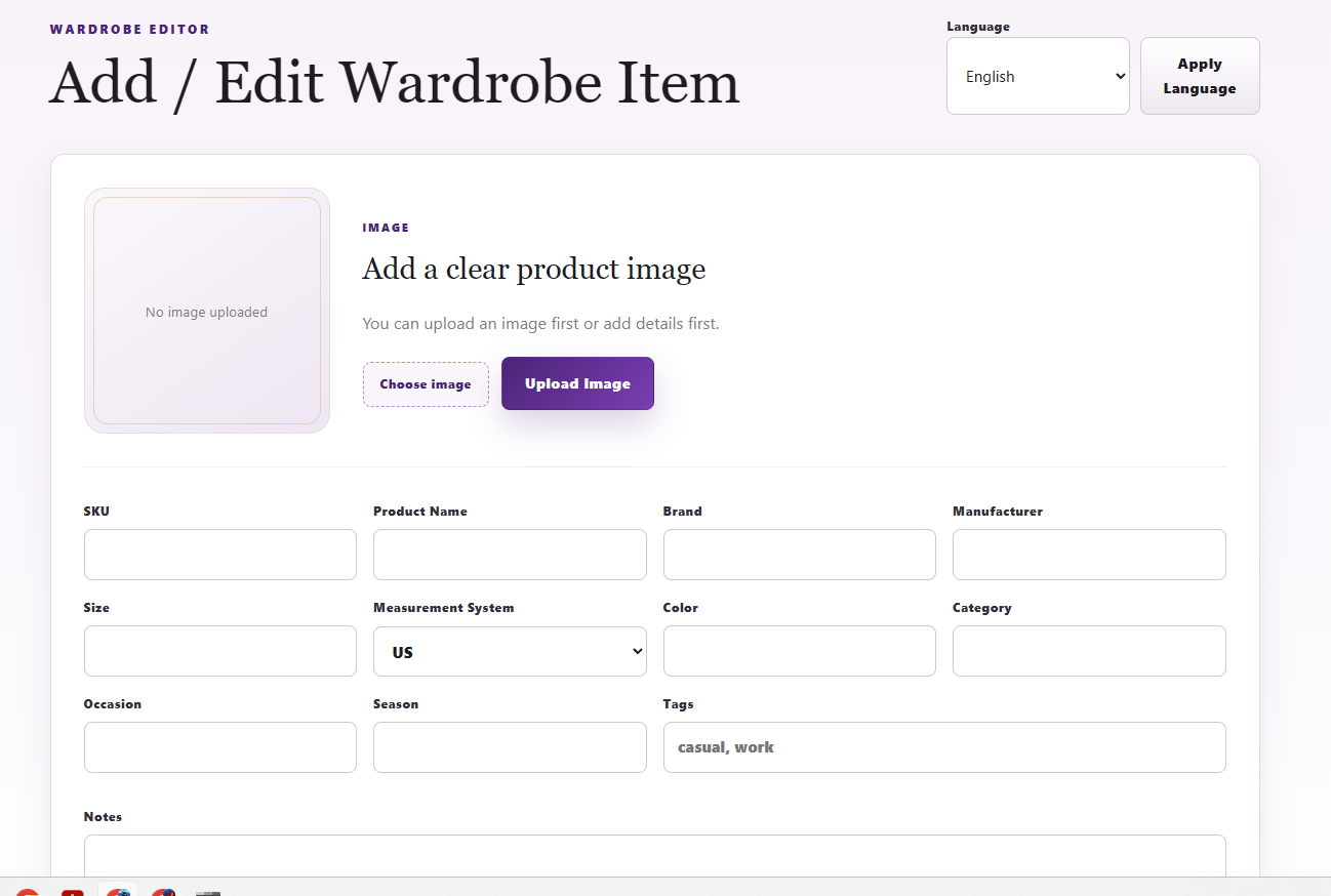Freya Add or Edit Wardrobe Item screen